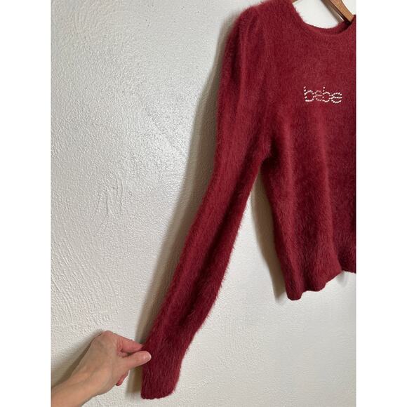 90s Y2K Bebe Fuzzy Sweater M Burgundy Rhinestone Spell-out Going Out Top - Picture 2 of 14
